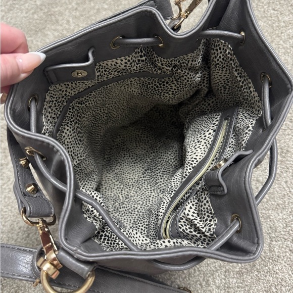 Gray Faux Leather Studded Bucket Bag – Drawstring Shoulder Purse - Picture 2 of 11